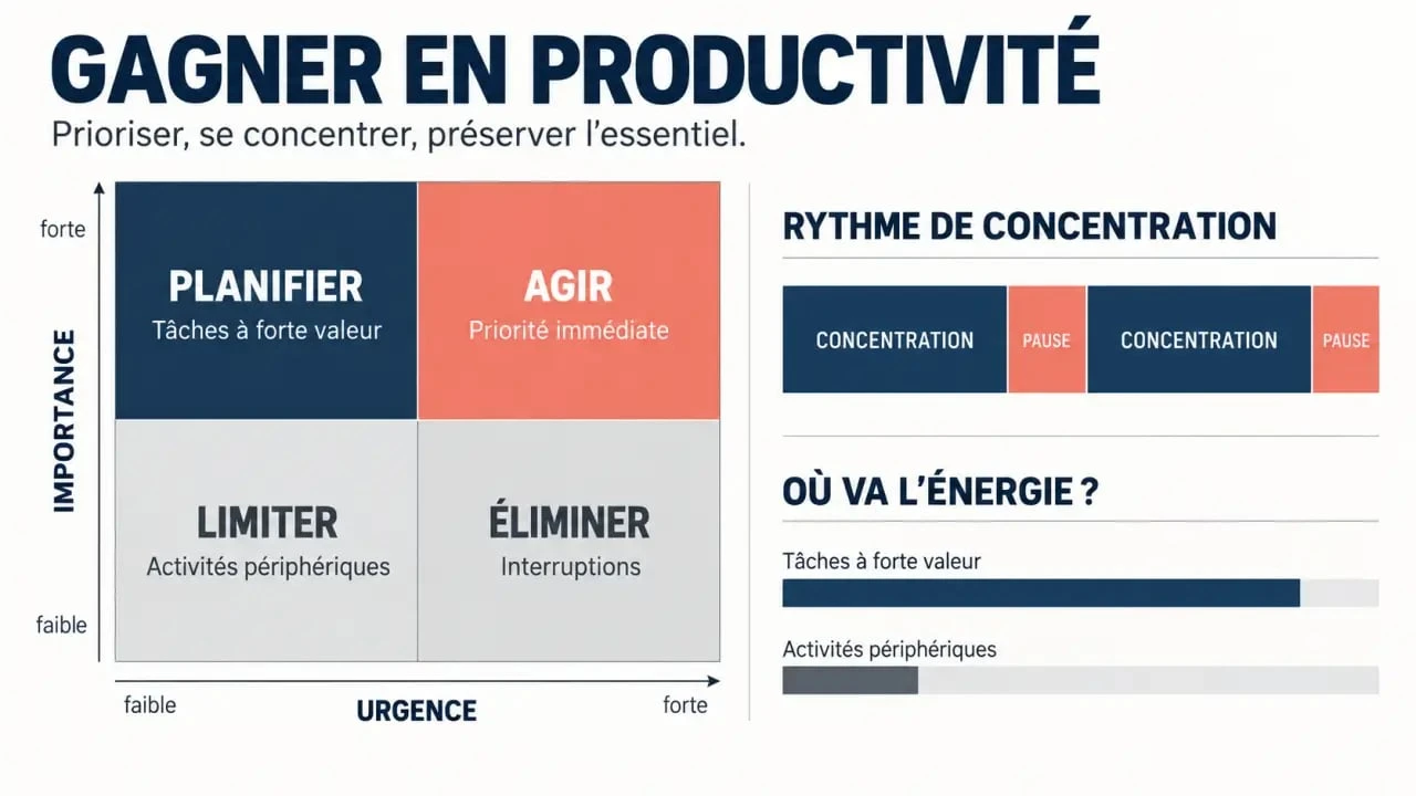 Infographie pour gagner en productivité avec matrice d’Eisenhower et cycles de concentration