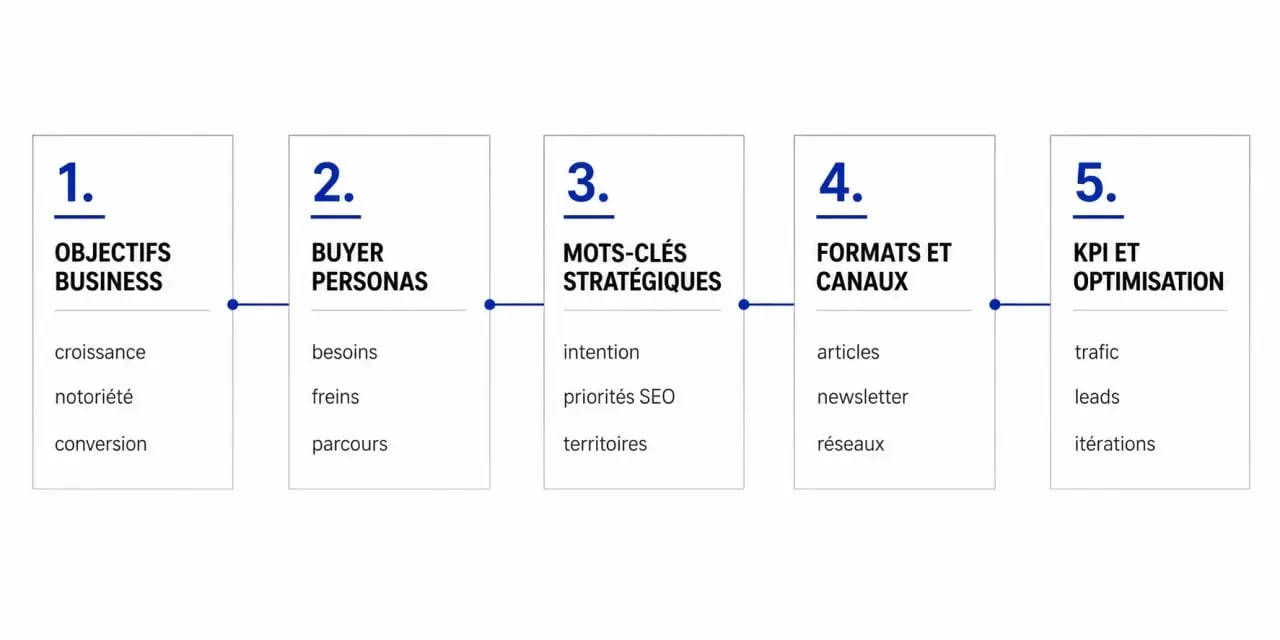 Stratégie de contenu digital illustrée par un schéma reliant objectifs, personas, mots-clés, formats, canaux et KPI
