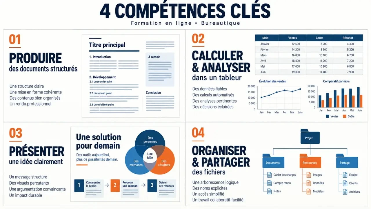 Les quatre compétences d’une formation en ligne bureautique : documents, tableurs, présentations et organisation des fichiers