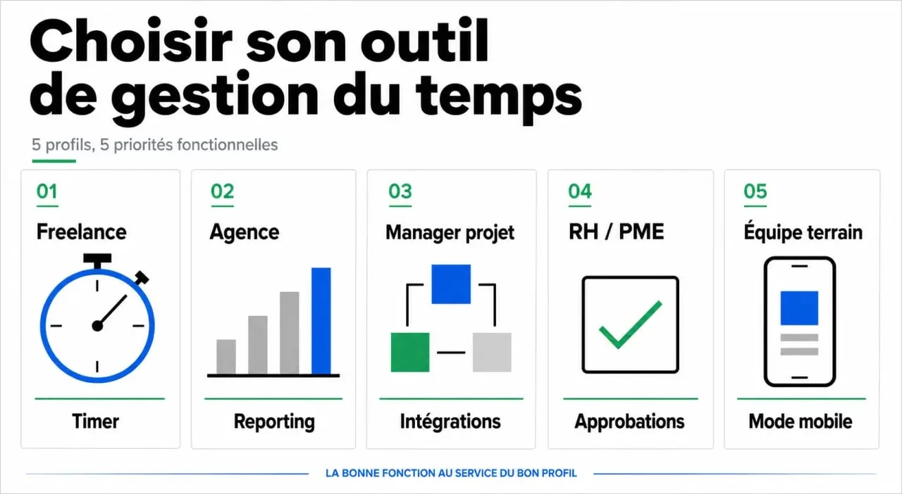 Outil gestion de temps : visuel comparatif des profils, besoins et fonctionnalités clés