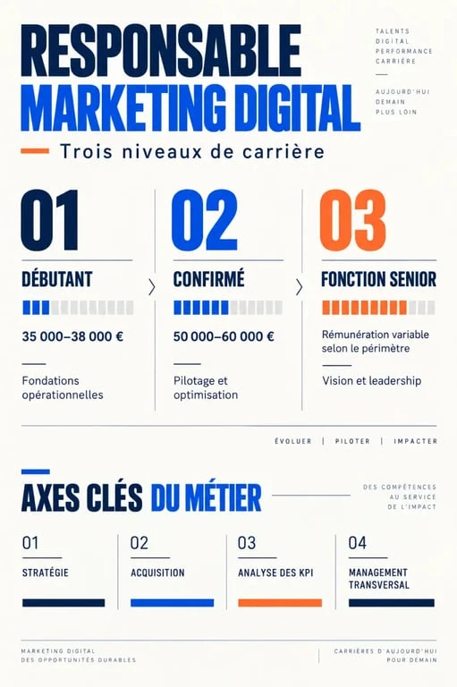 Infographie sur le métier de responsable marketing digital, ses niveaux d’expérience et ses repères de salaire