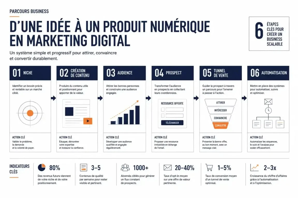 Schéma du parcours business de la formation DSA marketing digital, de la niche à l'automatisation des ventes