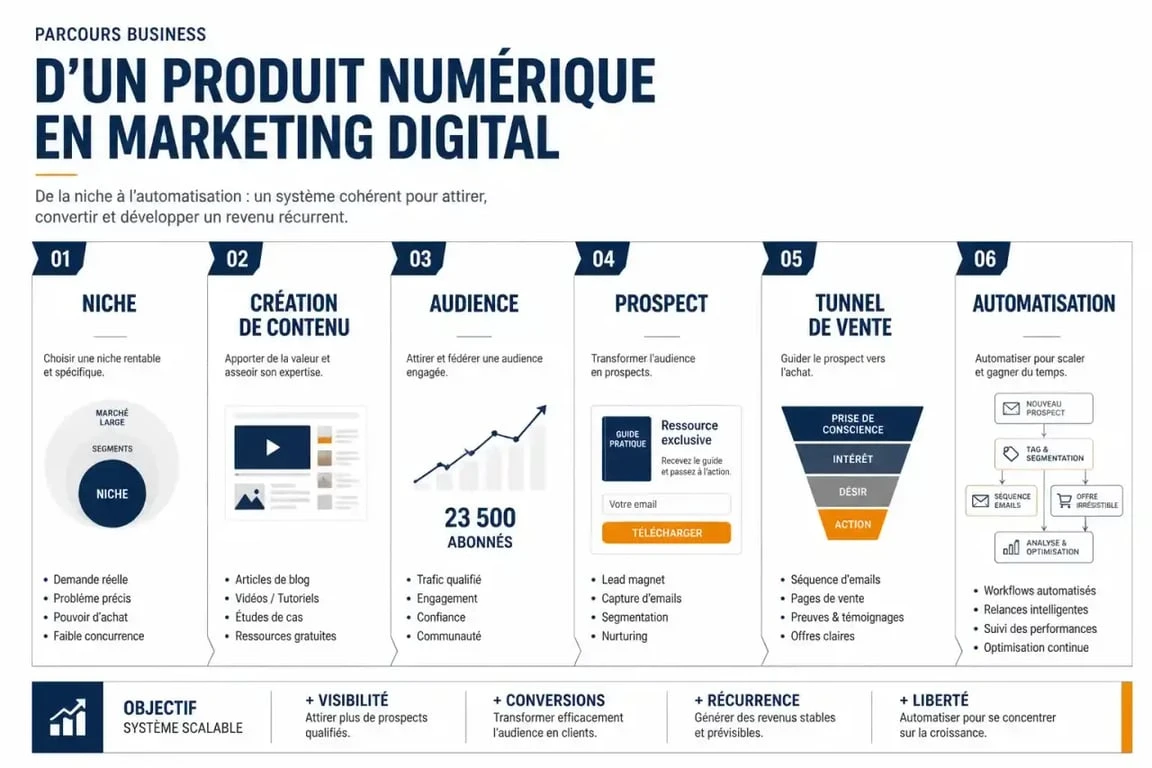Schéma du parcours business de la formation DSA marketing digital, de la niche à l'automatisation des ventes