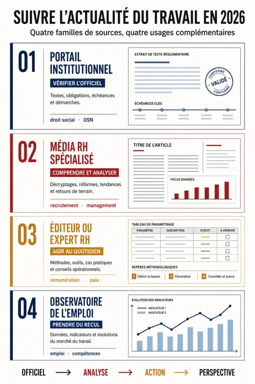 Infographie pour savoir où suivre l’actualité du travail, de l’entreprise et des RH en 2026