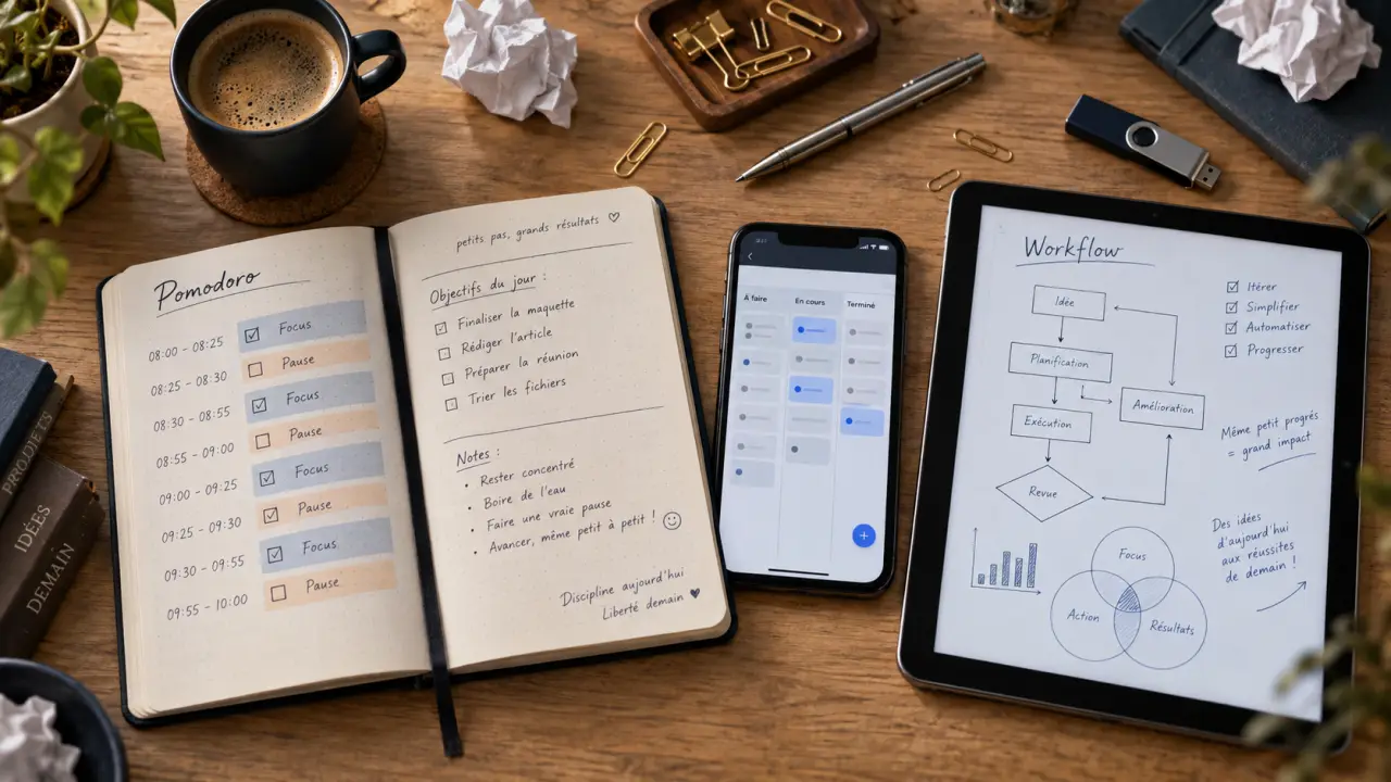 Logiciel de productivité : Pomodoro et Kanban sur smartphone et carnet