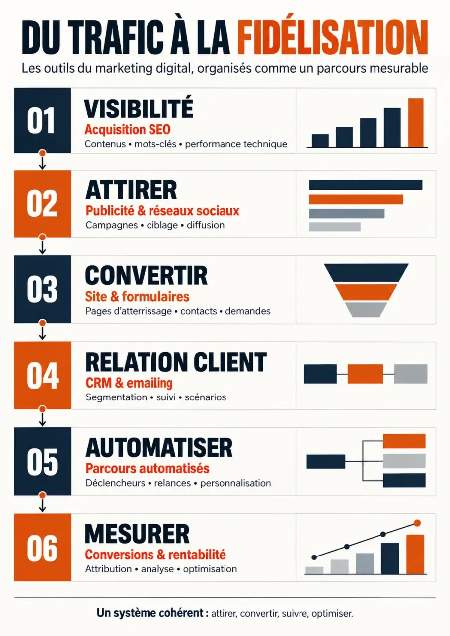 Infographie des outils marketing digital de l’acquisition à la fidélisation