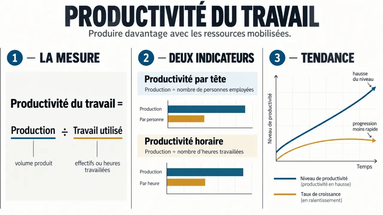 Infographie sur la productivité du travail, ses formules et la différence entre niveau et gains de productivité