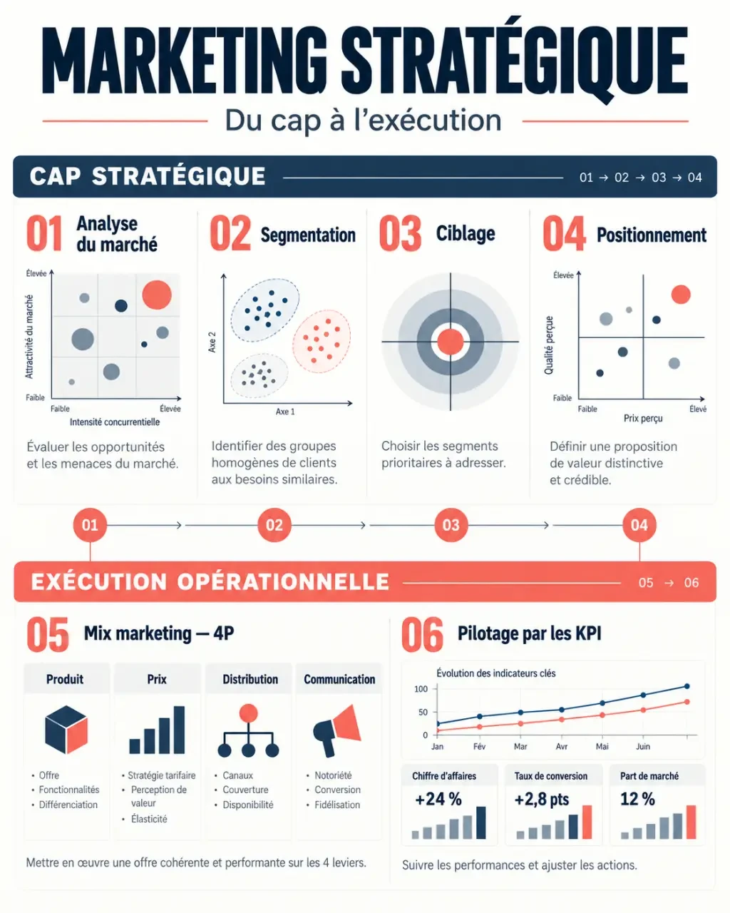 Infographie du marketing stratégique présentant les étapes de l’analyse du marché au pilotage par les KPI