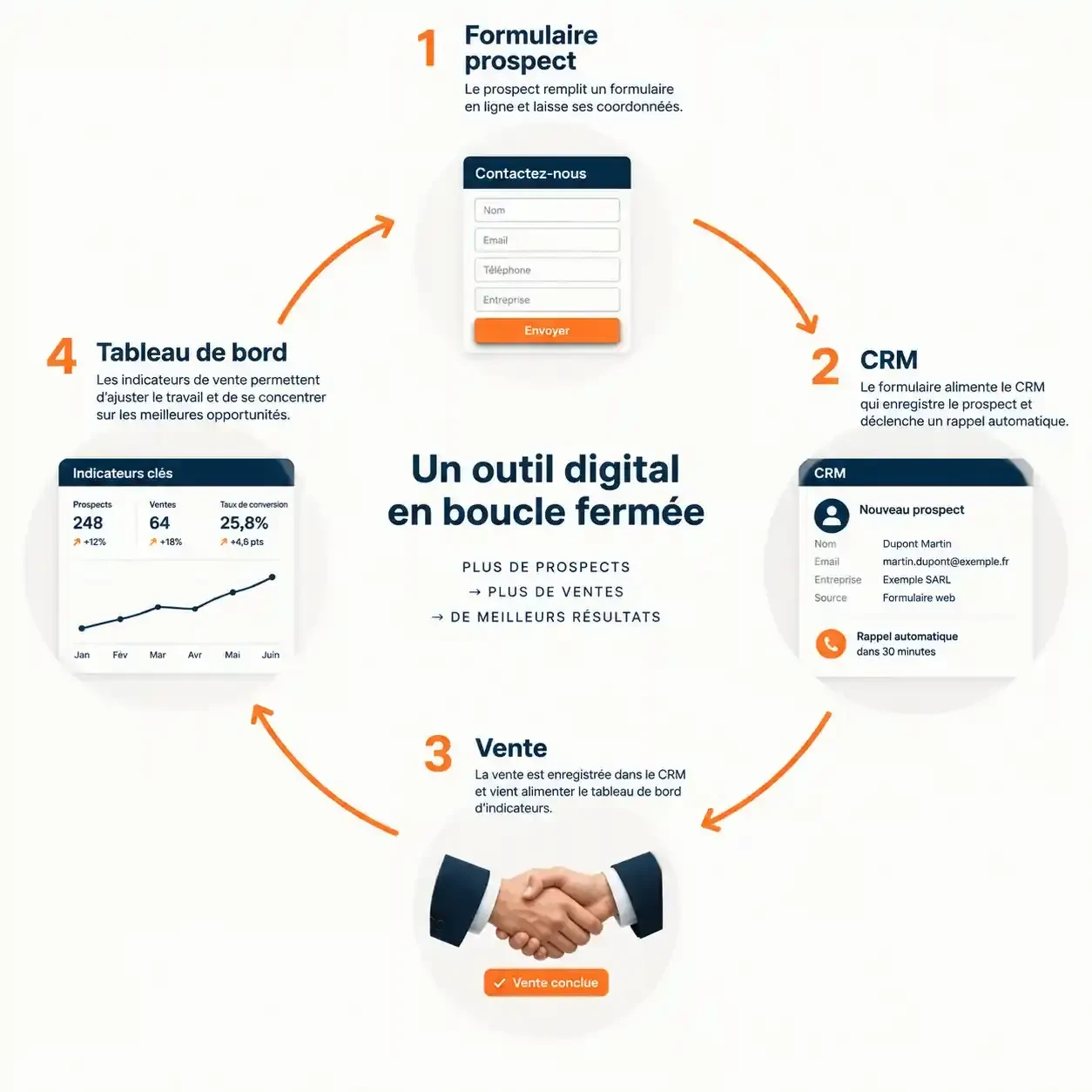 Schéma du circuit fermé d'un outil digital en entreprise : formulaire, CRM, rappel automatique et tableau de bord