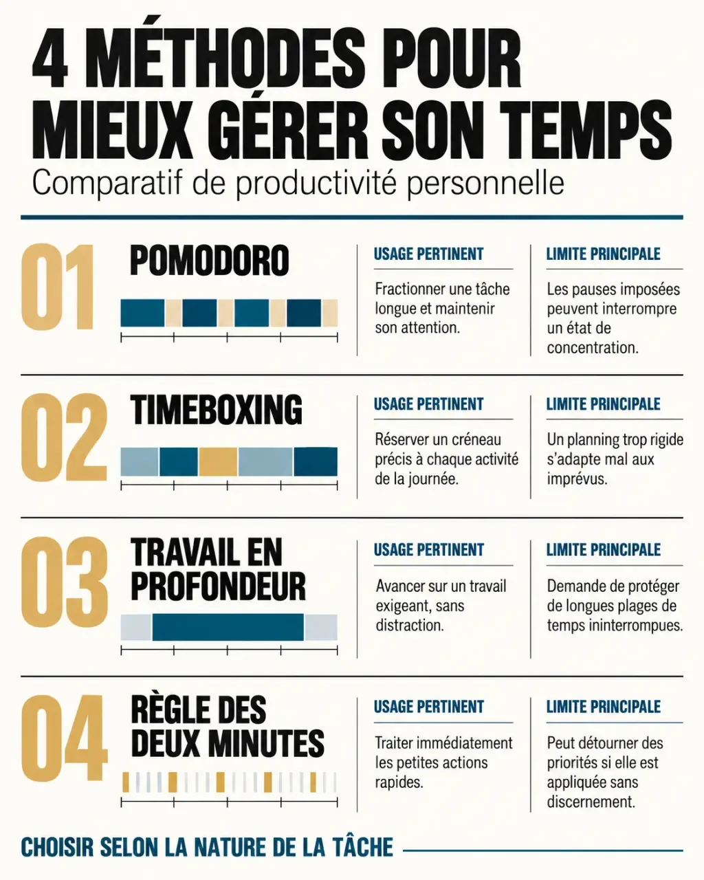 Infographie comparative des méthodes de productivité personnelle et de leurs limites