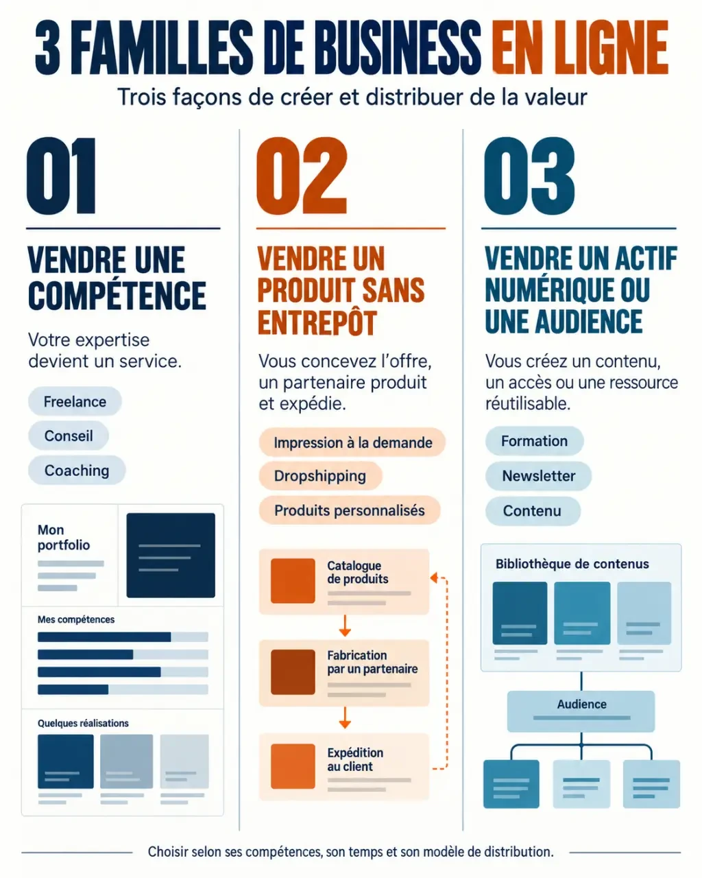 Infographie des trois familles de business en ligne et de leurs exemples