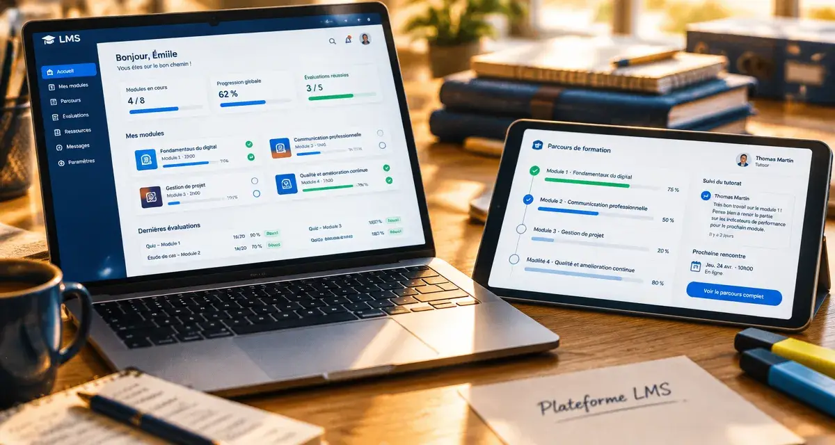 Plateforme LMS : tableau de bord avec parcours et évaluations