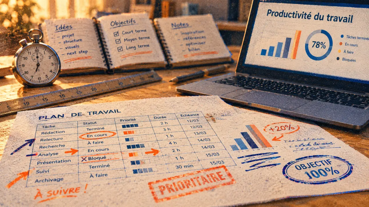 Productivité du travail : bureau avec calculs et chronomètre